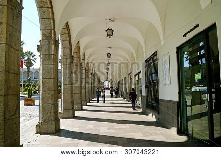 The Passage Of Neoclassical Building On Plaza De Armaz Of The Historic Centre Of Arequipa, Peru, Sou