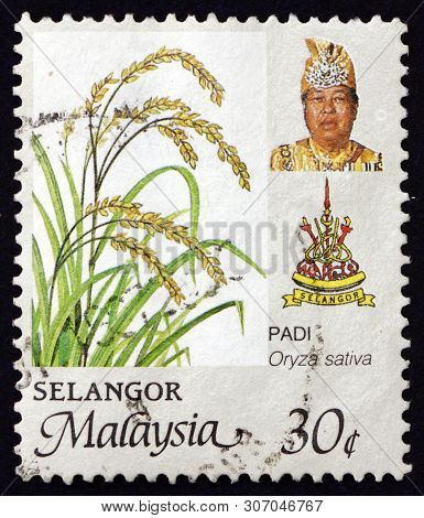 Malaysia - Circa 1986: A Stamp Printed In Malaysia Shows Rice (oryza Sativa), State Arms And Sultan 