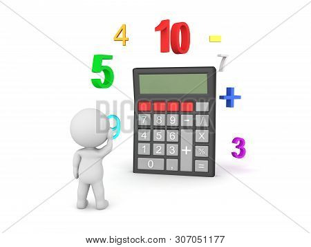 3D Character Thinking About How To Do Math With Pocket Calculator