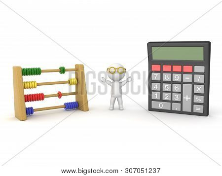 3D Character With Glasses Between Abacus And Calculator