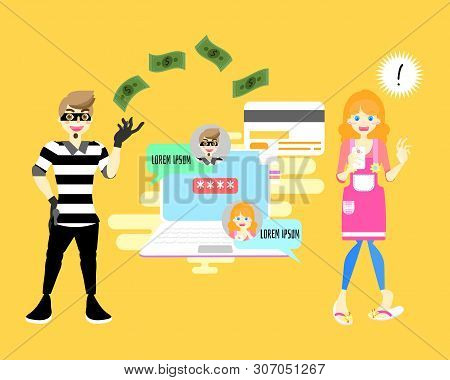 male,man cyber hacker scammer online stealing money concept with shocked female,woman holding mobile smart phone, background flat vector illustration  character cartoon design clip art