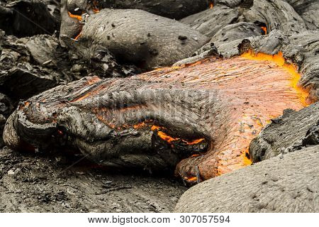 Eruption Of Volcano Tolbachik, Boiling Magma, Close Up Image Of Hot Lava, Kamchatka Peninsula, Russi