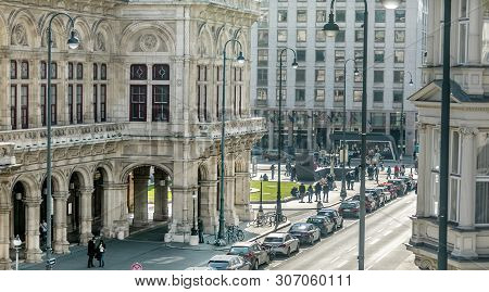 Viena, Austria - March 18, 2019: A Vienna City Landscape, Wide View On The Street