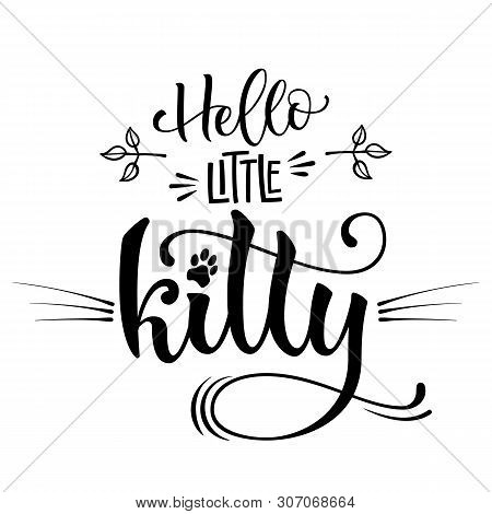 Hello Little Kitty Quote. Baby Shower Hand Drawn Calligraphy Style Lettering Phrase.