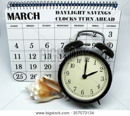 Daylight Savings Spring Forward Sunday At 2:00 A.m. March 25 Date Indicated In The Calendar. Clock N