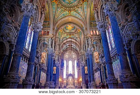 Lyon, France -  June 13, 2019 : The Basilica Notre Dame De Fourviere, Built Between 1872 And 1884, L