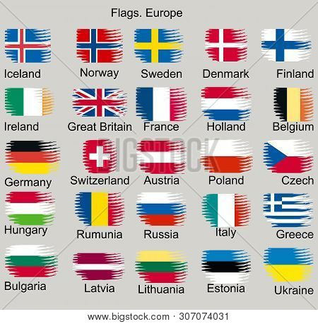 Flags Of Europe. Switzerland, Sweden, Denmark, France, Great Britain, Poland, Ukraine, Russia Etc.