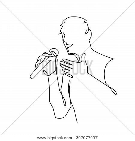 Man Singing Karaoke Continuous One Line Drawing. Speaker With Microphone Tells A Speech.