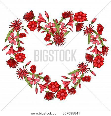 Frame Of A Wreath In The Form Of A Heart Of Red Oleander Flowers.