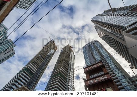Toronto, Canada - November 14, 2018: Construction Sites Of Rise Condo Apartment Building Towers On Q