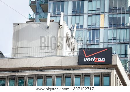 Toronto, Canada - November 14, 2018:  Verizon Logo On Their Main Office In Toronto, Ontario. Verizon
