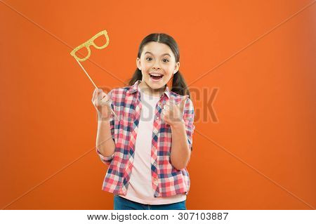 Perfect Props For Celebrating. Happy Little Child Showing Thumbs Up Hand To Glasses Props. Funny Sma
