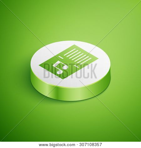 Isometric Music Book With Note Icon Isolated On Green Background. Music Sheet With Note Stave. Noteb