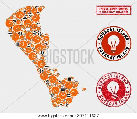 Electrical Lamp Mosaic Boracay Island Map And Rubber Round Stamp Seals. Mosaic Vector Boracay Island