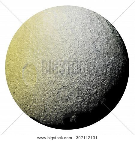 Saturn's Icy Moon Tethys Isolated On White Background. The Elements Of This Image Furnished By Nasa.