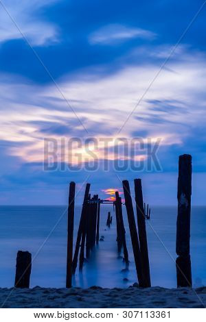 Broken Wooden Fisfing Bridge During Sunset At Khao Pilai In Phang Nga, Southern Of Thailand