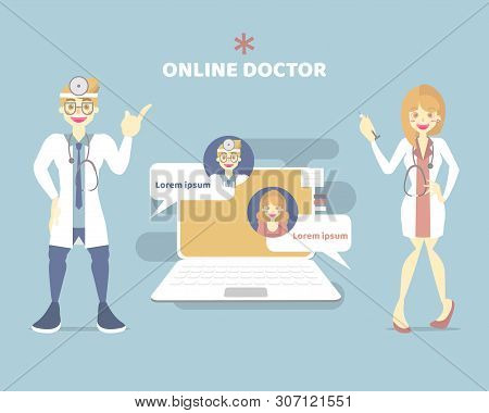 telemedicine doctor, online health care chat with male and female doctor, telehealth concept, flat vector illustration cartoon character design clip art