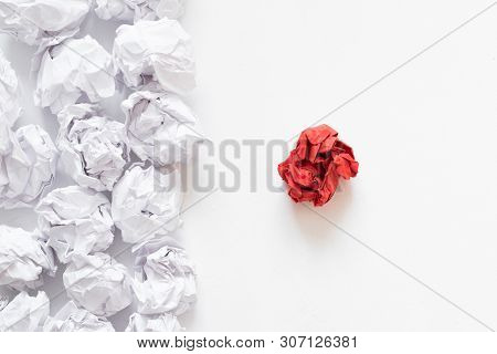 Independence Concept. Flat Lay Of Crumpled Same Color Paper Ball Pile Against Different Red One. Whi