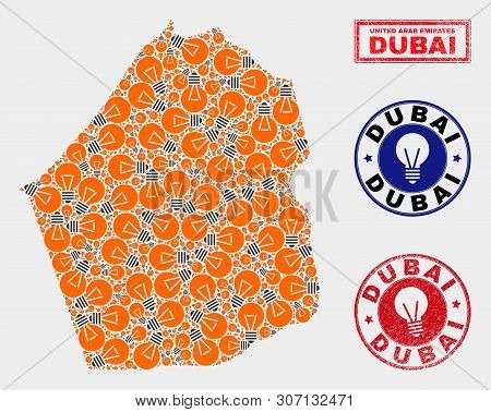 Power Bulb Mosaic Dubai Emirate Map And Rubber Rounded Seals. Collage Vector Dubai Emirate Map Is Cr