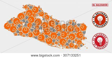 Electrical Bulb Mosaic El Salvador Map And Grunge Rounded Watermarks. Mosaic Vector El Salvador Map 