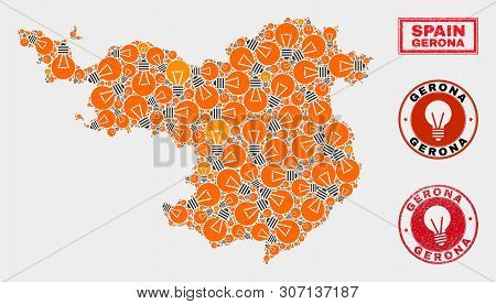 Illumination Lamp Mosaic Gerona Province Map And Grunge Rounded Stamp Seals. Mosaic Vector Gerona Pr