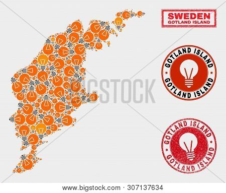 Power Bulb Mosaic Gotland Island Map And Grunge Rounded Stamp Seals. Mosaic Vector Gotland Island Ma