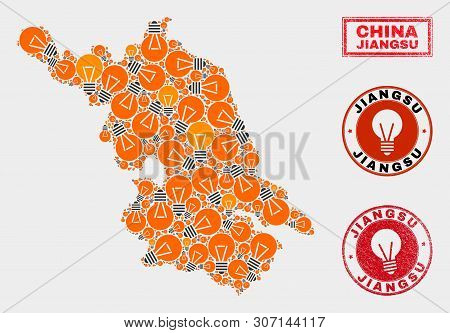 Electrical Bulb Mosaic Jiangsu Province Map And Grunge Rounded Stamps. Mosaic Vector Jiangsu Provinc