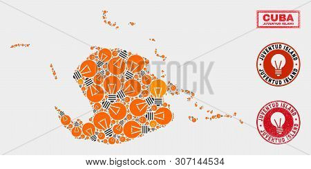 Electric Lamp Mosaic Juventud Island Map And Rubber Rounded Stamp Seals. Mosaic Vector Juventud Isla