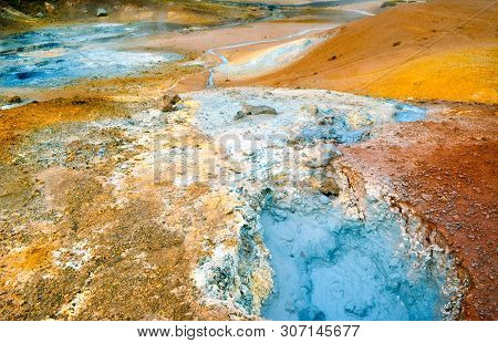 Fumarole Field In Namafjall, Iceland. Geothermal Beauty Landscape.