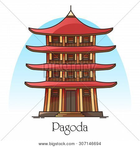 Japanese Or Chinese Pagoda. China Or Japan Building With Eaves. Religion Tower Panorama. Buddha Or B