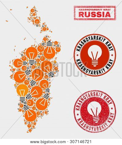 Power Lamp Mosaic Krasnoyarskiy Kray Map And Rubber Rounded Stamp Seals. Mosaic Vector Krasnoyarskiy