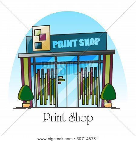 Print Shop Building Facade In Thin Line. Outdoor Or Exterior View On Newspaper Printing House. Typog