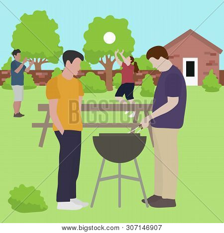 Vector Illustration With People Having Bbq Party In The Backyard. Bbq Party Background. Family, Frie
