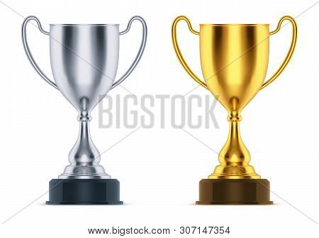 3d Golden And Realistic Silver Cup Or Trophy. Isolated First And Second Place Goblet For Sport Event