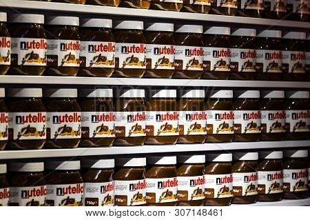 Tel Aviv, Israel - 26 November 2017: Background With Cans Of Chocolate Nutty Pasta Nutella Attractio