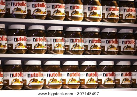 Tel Aviv, Israel - 26 November 2017: Background With Cans Of Chocolate Nutty Pasta Nutella Attractio