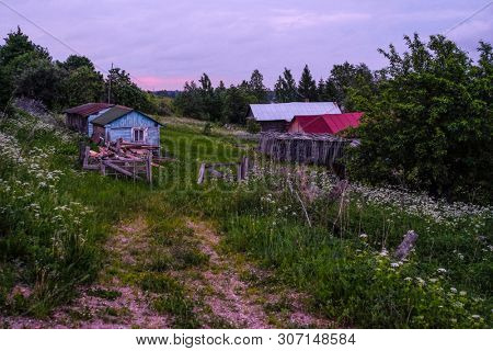 landscape with the image of russian north village Ferapontovo in Vologda region