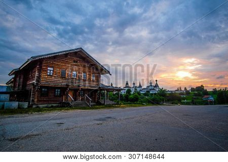 landscape with the image of russian north village Ferapontovo in Vologda region