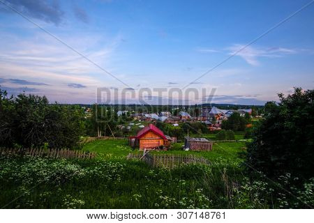 landscape with the image of russian north village Ferapontovo in Vologda region