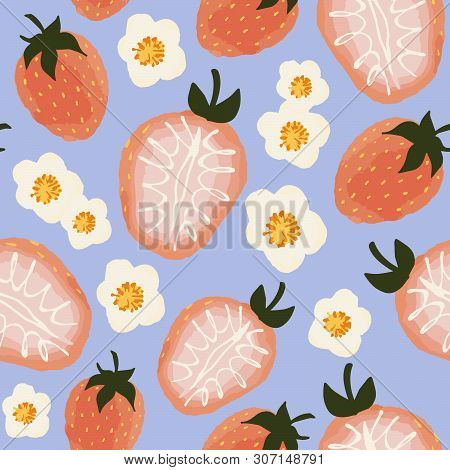 Vector Seamless Pattern Of Strawberries And Flowers On Sky Blue Background