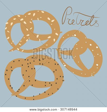 Vector Illustration. Set Of Tree Pretzels With Sesame, Salt And Poppy Seeds On Pastel Blue Backgroun