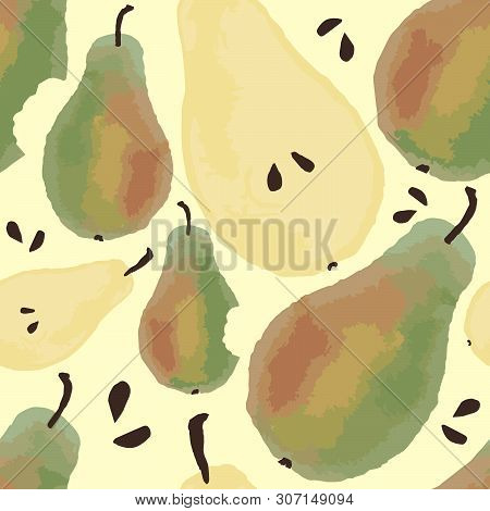Vector Seamless Pattern With Pears On Pastel Yellow Background