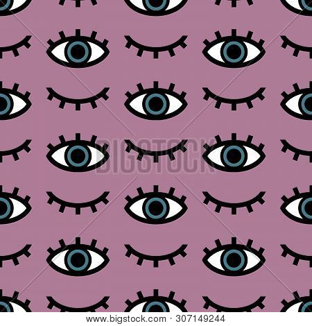 Vector Seamless Pattern Of Eyes Open And Closed On Pink Background