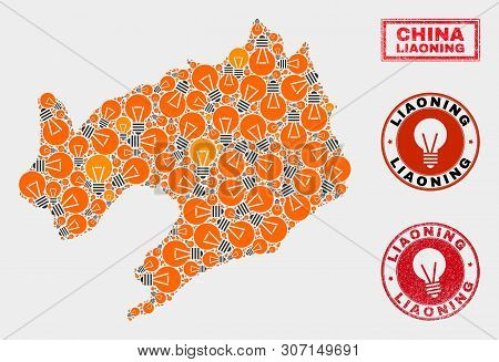 Electric Lamp Mosaic Liaoning Province Map And Rubber Round Seals. Mosaic Vector Liaoning Province M