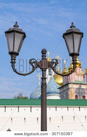 lamp against the background of Trinity-sergiyevsky monastery in Sergiyev Posad, Russia