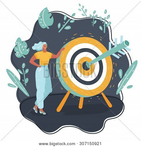 Cartoon Vector Illustration Of Woman Hits The Sales Target. Hitting The Corporate Sales Charts With 