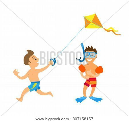 Children Having Fun At Beach Vector, Boy Running With Kite And Watching On Paper Object. Kiddo Weari