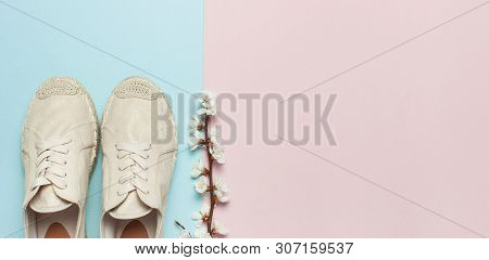 Beige Fashionable Women's Espadrilles With Spring Flowering Branch On Color Pastel Blue Pink Backgro