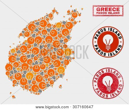 Electrical Lamp Mosaic Paros Island Map And Grunge Round Stamps. Mosaic Vector Paros Island Map Is C
