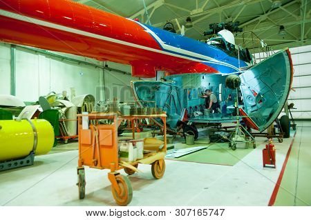 Tyumen, Russia - June 5, 2019: Aircraft Repair Helicopter Utair Engineering Plant. Mi-8 Helicopter D